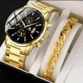 2pcs Luxury Mens Silver gold and black Quartz Watch With Stainless Steel Bracelet Men Fashion Business Casual Watch (Random Dial)
