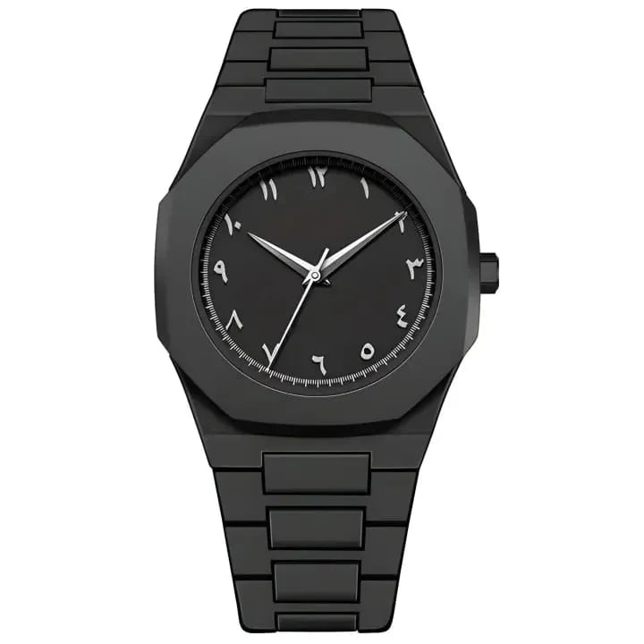Black Arabic Aura Men’s Watch – Premium Stainless Steel Luxury Analog Smart & Sports Wristwatch