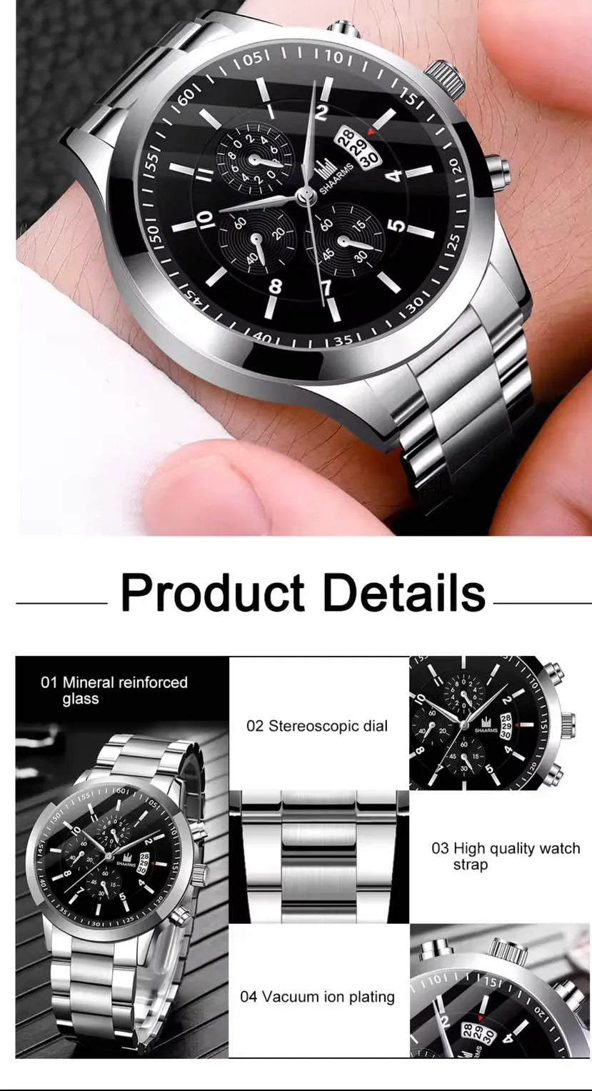 2pcs Luxury Mens Silver gold and black Quartz Watch With Stainless Steel Bracelet Men Fashion Business Casual Watch (Random Dial)